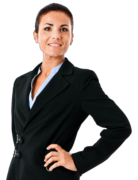 Female agent posing with hand on hip, smiling